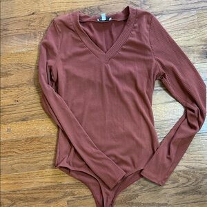 White Birch V-Neck Ribbed Bodysuit - Warm Brown